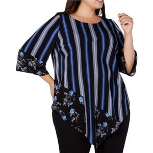 Alfani V-Hem Pullover Blouse Blue Floral Stripes Bell Sleeves Size Medium